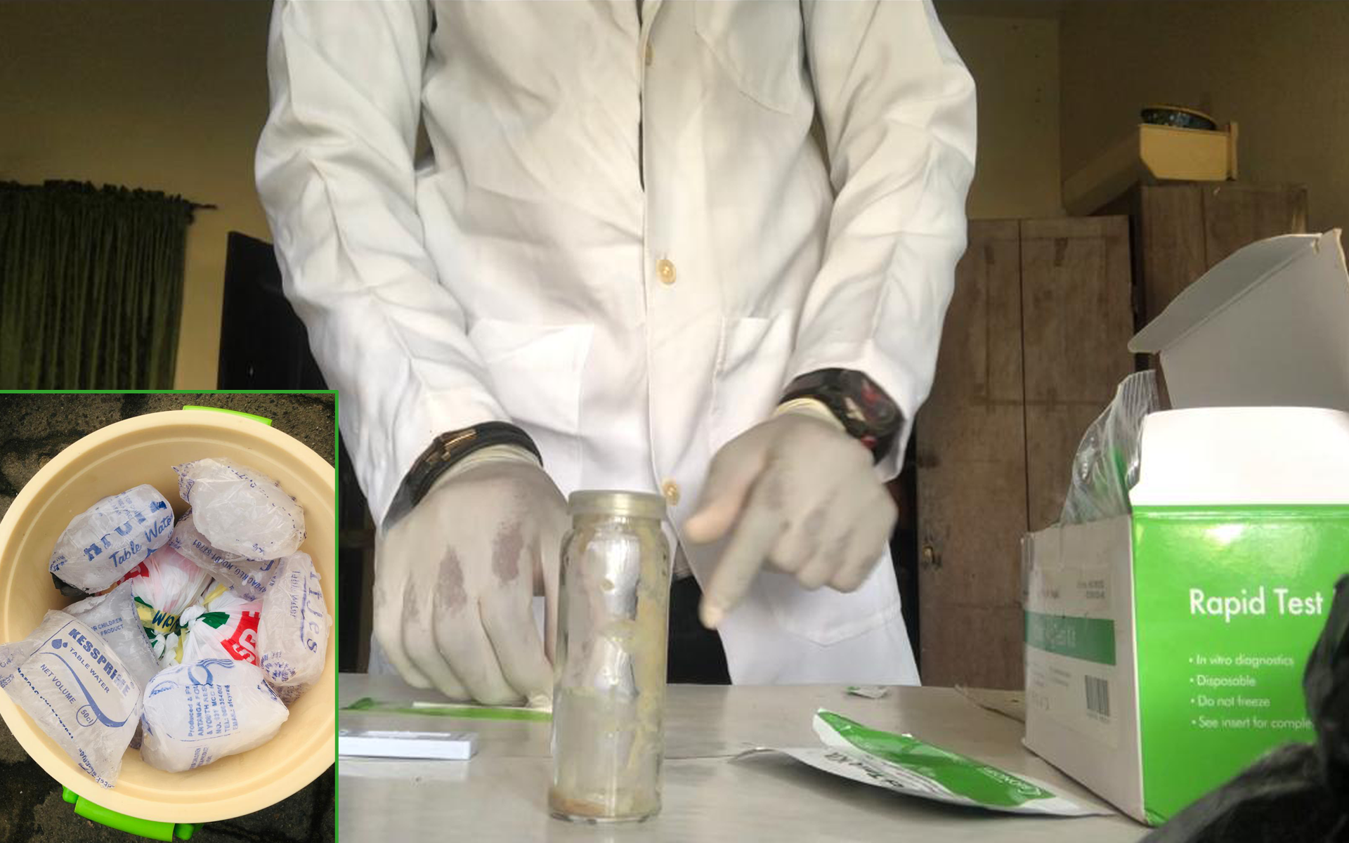 Rabies-Nigeria5 Collected brain samples are preserved in ice for transport to laboratory, while a rapid test kit enables immediate onsite rabies screening.