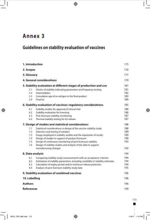 Guidelines on Stability Evaluation of Vaccines, Annex 3, TRS No 962