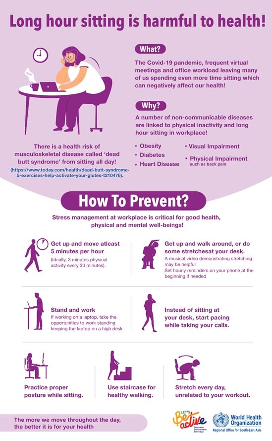 Long hour sitting is harmful to health